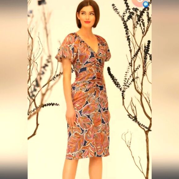 Maggy London Floral Puffed Sleeve Ruched Dress NWT - Picture 1 of 12